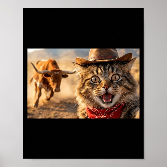 Affiche Funny Cowboy Cat Selfie With Charging Bull Western (Devant)