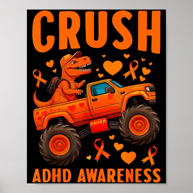 Affiche Funny Crush Adhd Awareness T-rex Monster Truck Kid (Devant)