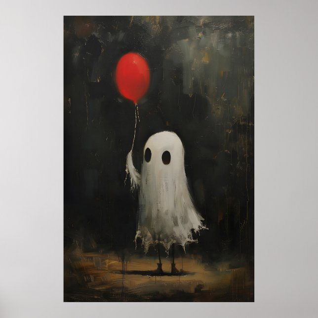 Affiche Funny Cute Ghost Holding Red Balloon, Vintage (Devant)