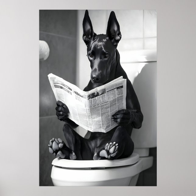 Affiche Funny Doberman Bathroom Print, Dog Reading (Devant)
