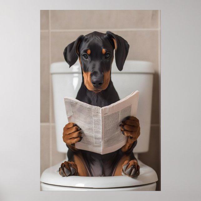 Affiche Funny Doberman Bathroom Print, Reading Newspaper (Devant)