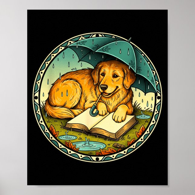 Affiche Funny Dog Reading Book Rain Cozy Umbrella Cute Art (Devant)