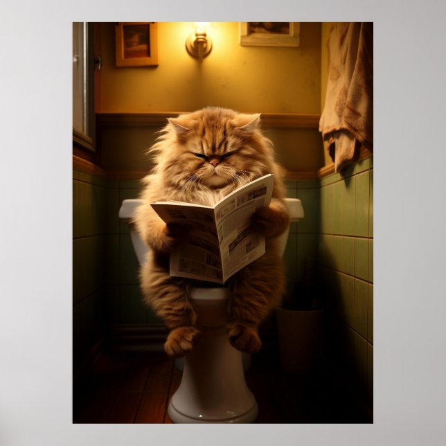 Affiche Funny Fat Cat Lecture journal sur Toilet (Devant)