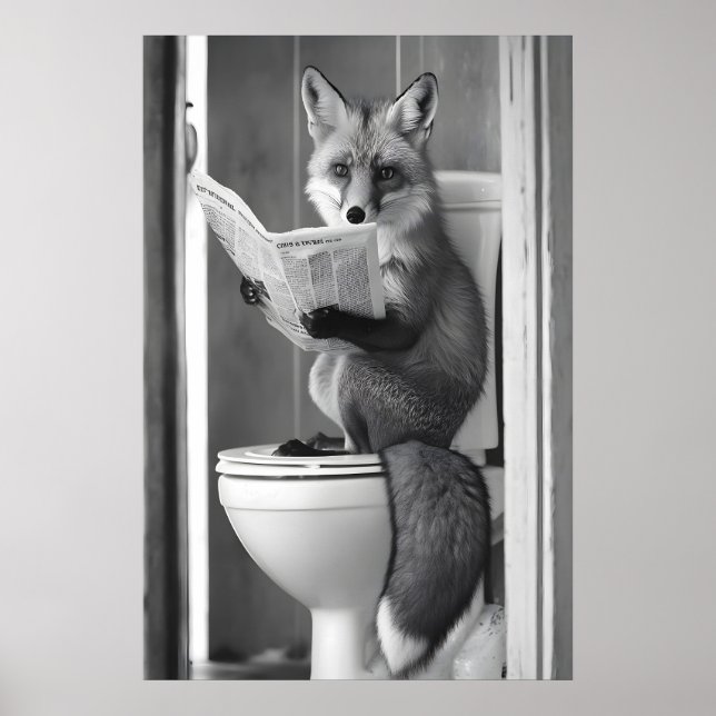 Affiche Funny Fox Bathroom Print, Reading Newspaper (Devant)
