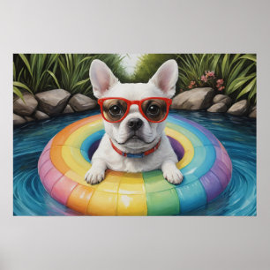 Affiche Funny French Bulldog flottant dans un étang