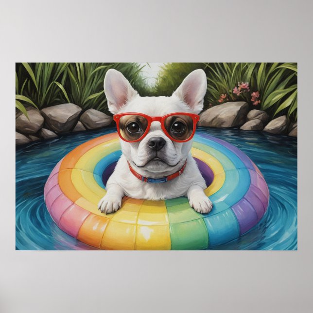 Affiche Funny French Bulldog flottant dans un étang (Devant)