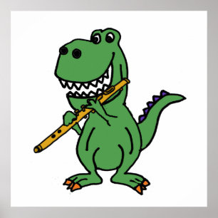 Affiche Funny Green T-rex Dinosaur Playing Flute