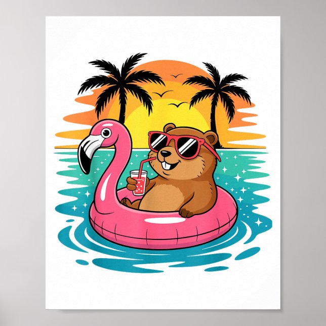 Affiche Funny Groundhog Hawaiian Flamingo Float Beach Summ (Devant)