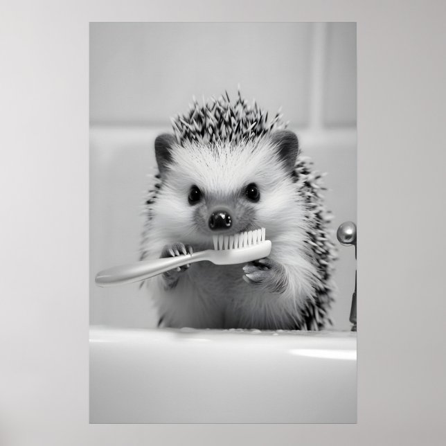 Affiche Funny Hedgehog Brushing Teeth Bathroom Print (Devant)