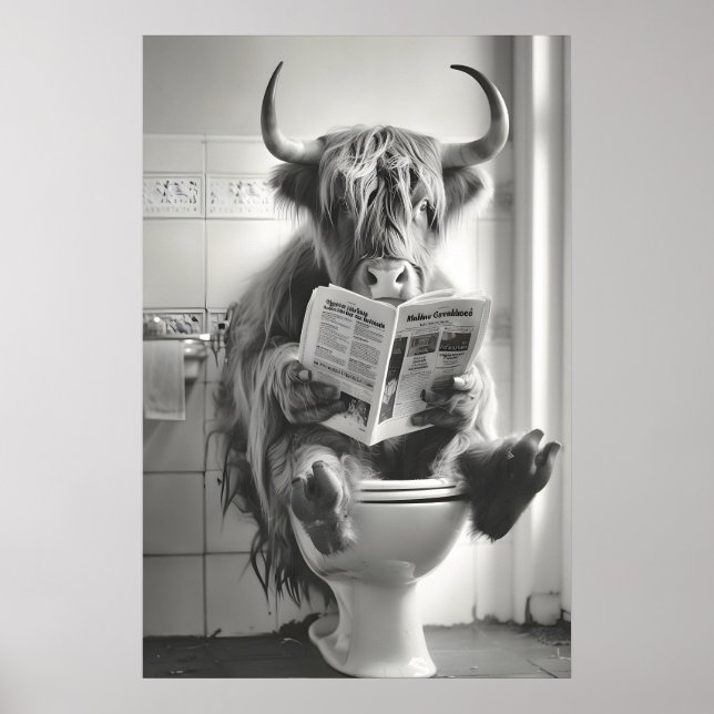 Affiche Funny Highland Cow Bathroom Print, Newspaper (Devant)