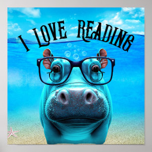 Affiche Funny Hippo avec lunettes I Love Reading Library