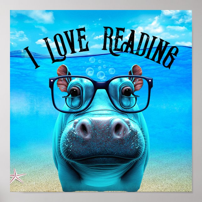 Affiche Funny Hippo avec lunettes I Love Reading Library (Devant)