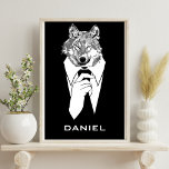 Affiche Funny Hipster Wolf avec Black Tuxedo Personnalisé<br><div class="desc">Personnalisez-le avec votre nom ou tout autre texte !</div>