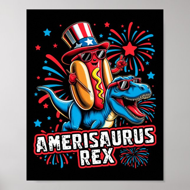 Affiche Funny Hotdog T Rex Dinosaur 4 juillet Amerisauru (Devant)