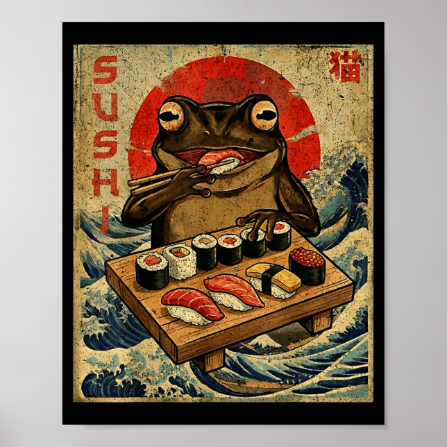Affiche Funny Japanese Kawai Frog Pun Food Frog Humor Sush (Devant)