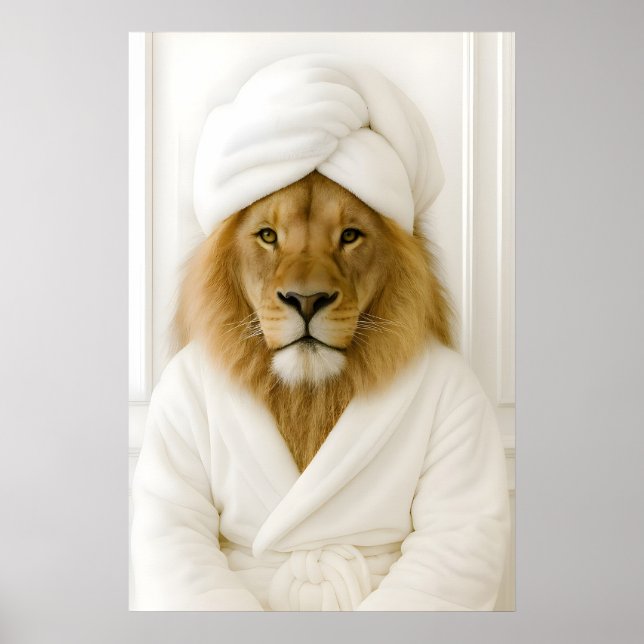 Affiche Funny Lion Bathroom Print, Lion In Bathrobe (Devant)