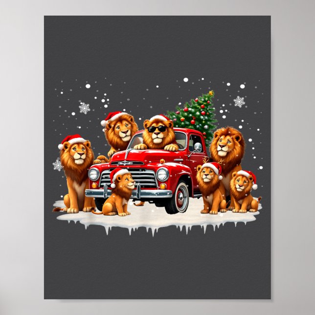 Affiche Funny Lion Riding Christmas Tree Truck Christmas  (Devant)