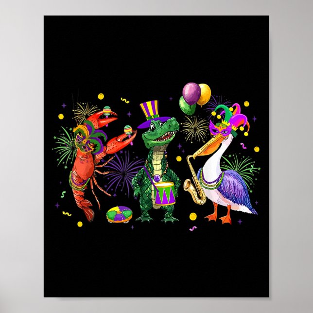 Affiche Funny Mardi Gras 2026 Crocodile Crawfish Pelican N (Devant)