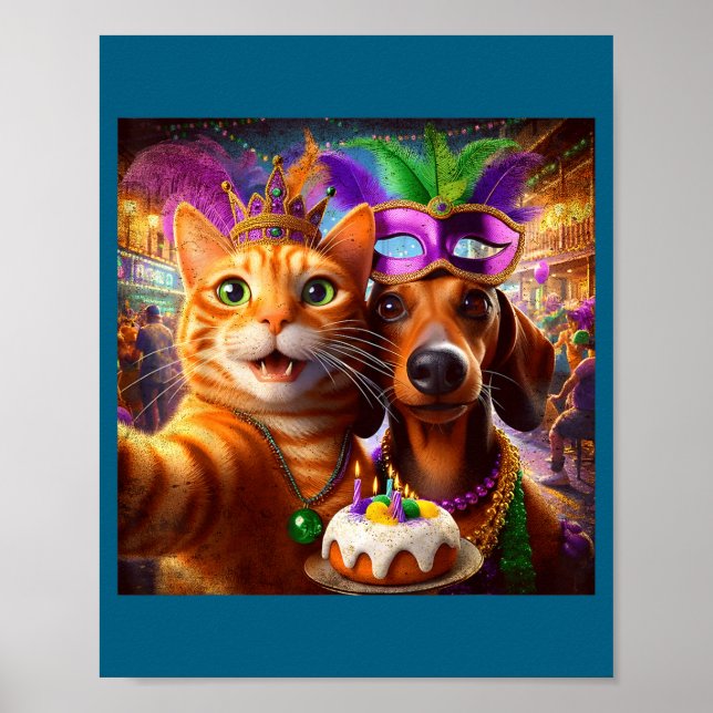 Affiche Funny Mardi Gras Cat Dachshund Selfie Squad  (Devant)