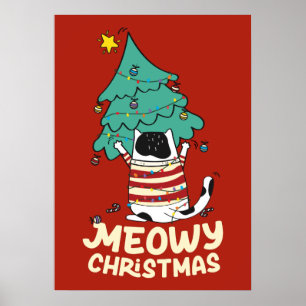 Affiche Funny Meowny Noël Grumpy Tuxedo Chat Xmas Arbre