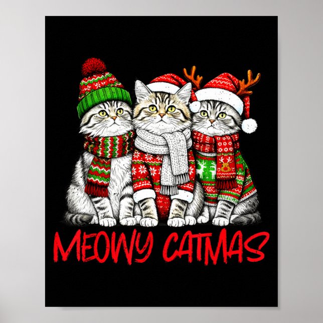 Affiche Funny Meowy Catmas Christmas Cats Ugly Sweater Gra (Devant)