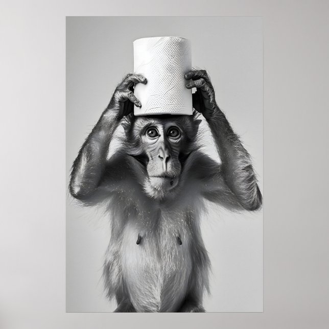 Affiche Funny Monkey Bathroom Print, Toilet Paper Hat (Devant)
