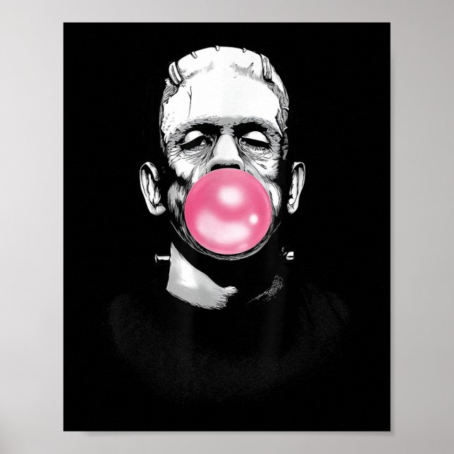 Affiche Funny Monstre Frankenstein Frappant Une Bulle Gum  (Devant)