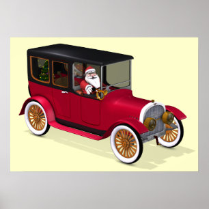 Affiche Funny Père Noël Dans La Limousine Vintage Rouge