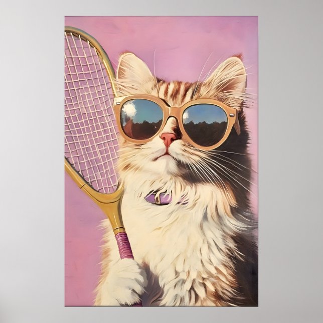 Affiche Funny Pink Cat Tennis Art Print - Cute Wall for (Devant)