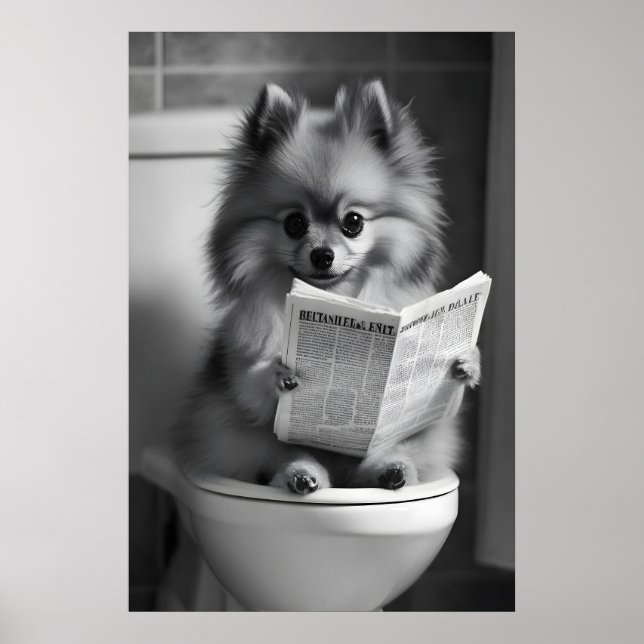 Affiche Funny Pomeranian Bathroom Print, Newspaper Reading (Devant)