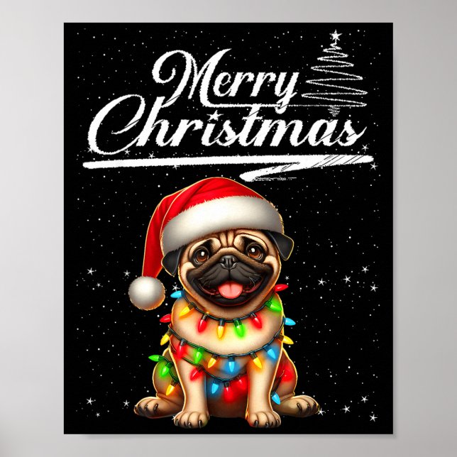 Affiche Funny Pug Dog Christmas Lights Santa Hat Candy Can (Devant)