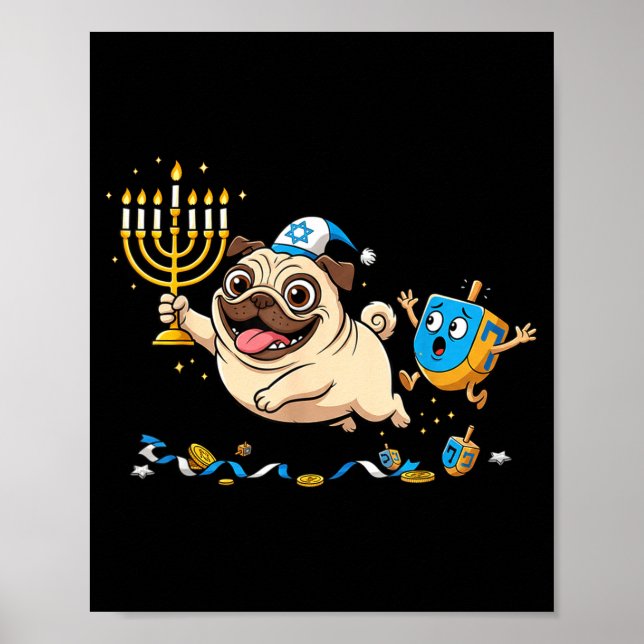 Affiche Funny Pug Dreidel Menorah Hanukkah Kids Womens Men (Devant)