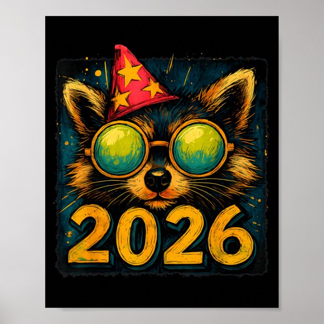 Affiche Funny Raccoon 2026 New Year Party Animal Celebrati (Devant)
