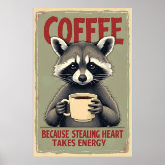 Affiche Funny Raccoon Coffee Art