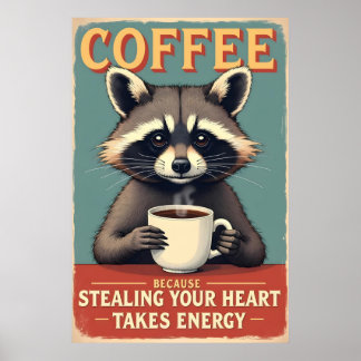 Affiche Funny Raccoon Coffee Art