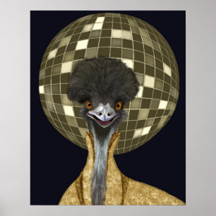 Affiche Funny Retro Golden Disco Ball Emu Bird