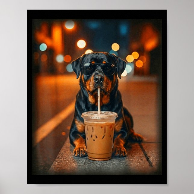 Affiche Funny rottweiler drinking iced coffee lover dog (Devant)