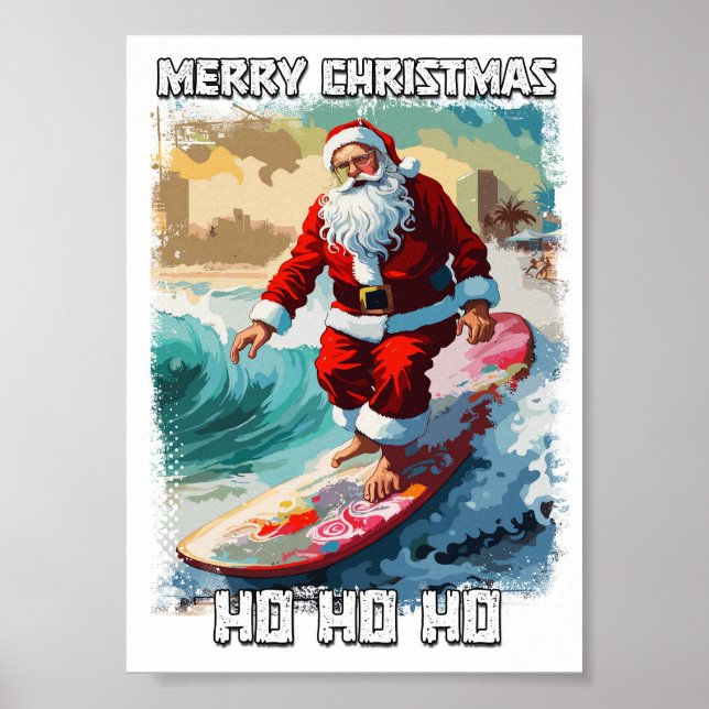 Affiche Funny Santa Claus surfer dans le pop art d'été (Devant)