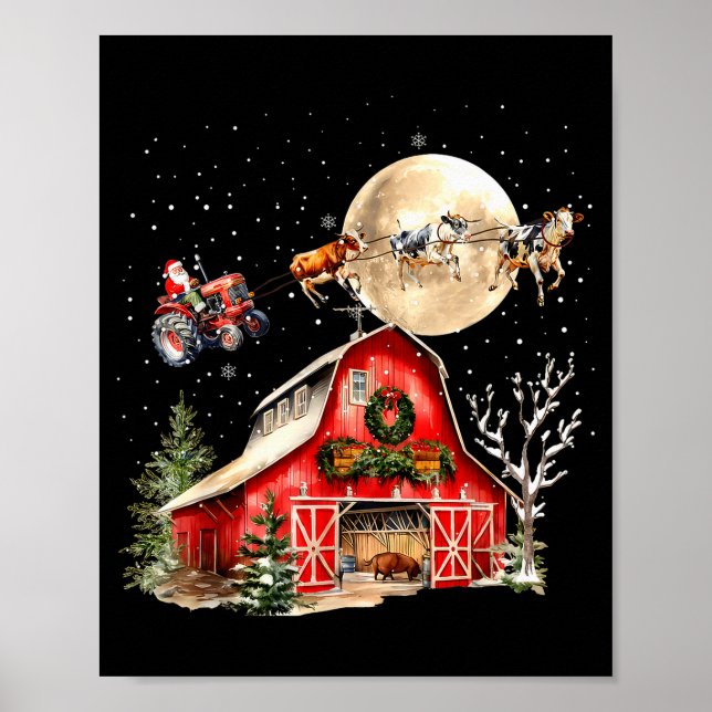 Affiche Funny Santa Claus Tractor Cows Farm Farmer Christm (Devant)