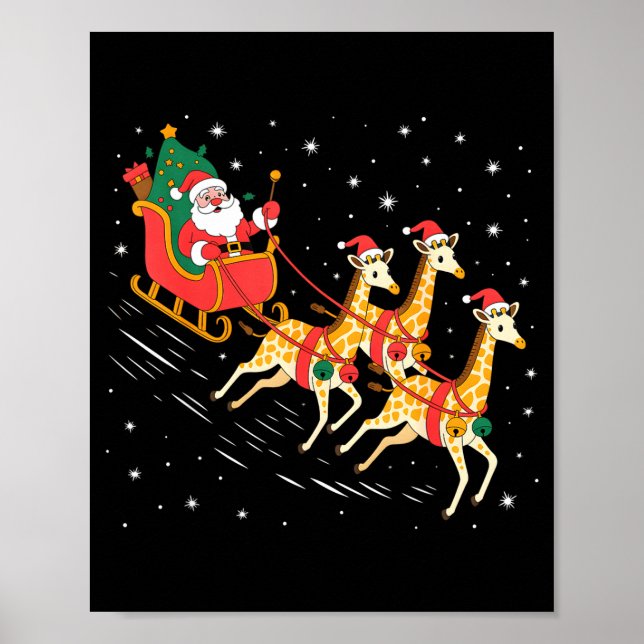 Affiche Funny Santa Giraffe Sleigh Flying Christmas Night  (Devant)