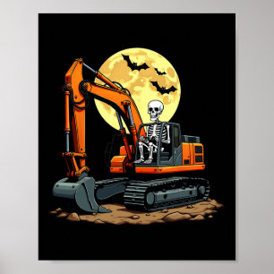 Affiche Funny Skeleton Driving Excavator Halloween Constru