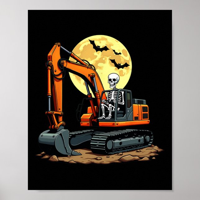 Affiche Funny Skeleton Driving Excavator Halloween Constru (Devant)