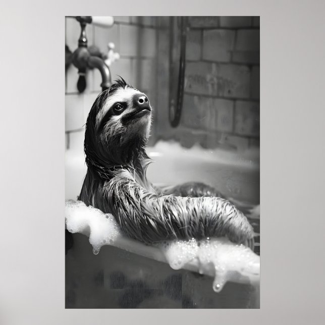 Affiche Funny Sloth in Bubble Bath Print, Bathroom Humor (Devant)