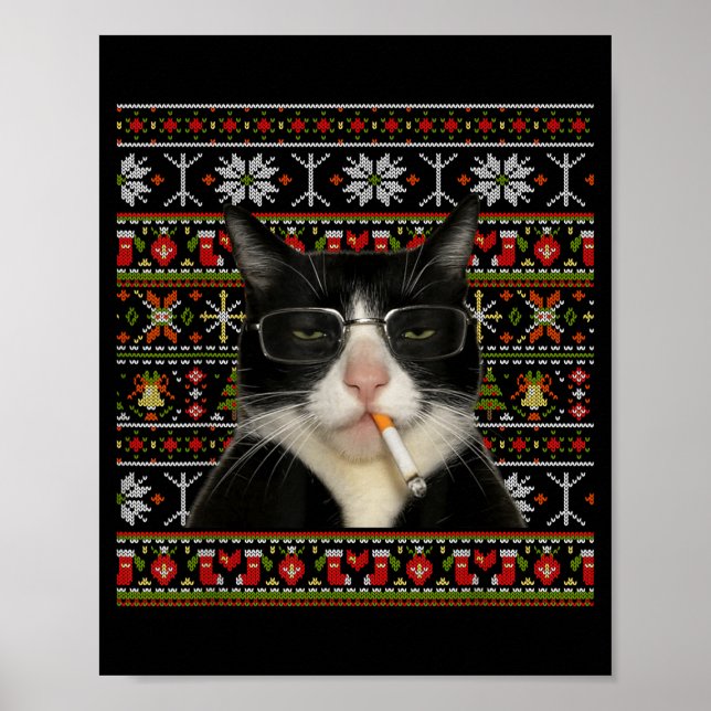 Affiche Funny Smoking Cat Meme Christmas Ugly Sweater Cat  (Devant)