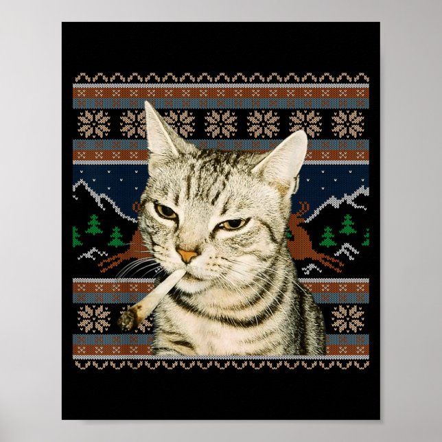 Affiche Funny Smoking Cat Meme Christmas Ugly Sweater Cat  (Devant)