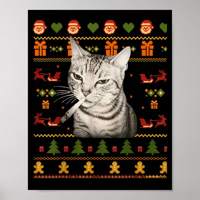 Affiche Funny Smoking Cat Meme Christmas Ugly Sweaters For (Devant)