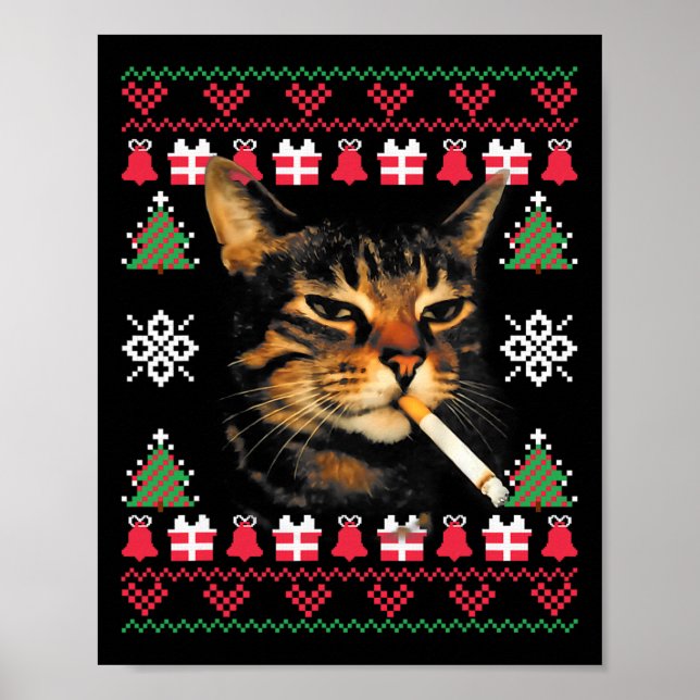 Affiche Funny Smoking Cat Meme Ugly Christmas Sweater For  (Devant)