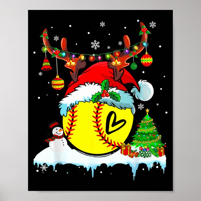 Affiche Funny Softball Christmas Reindeer Santa Hat Lights (Devant)