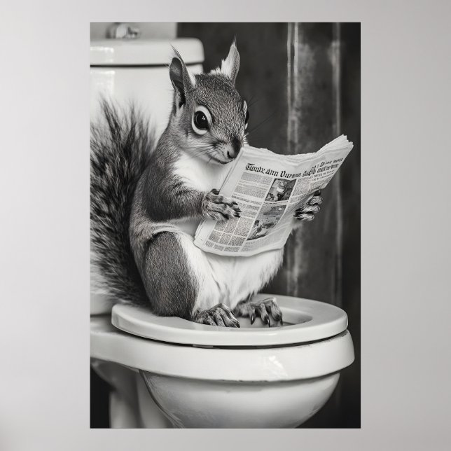 Affiche Funny Squirrel Bathroom Print, Reading Newspaper (Devant)