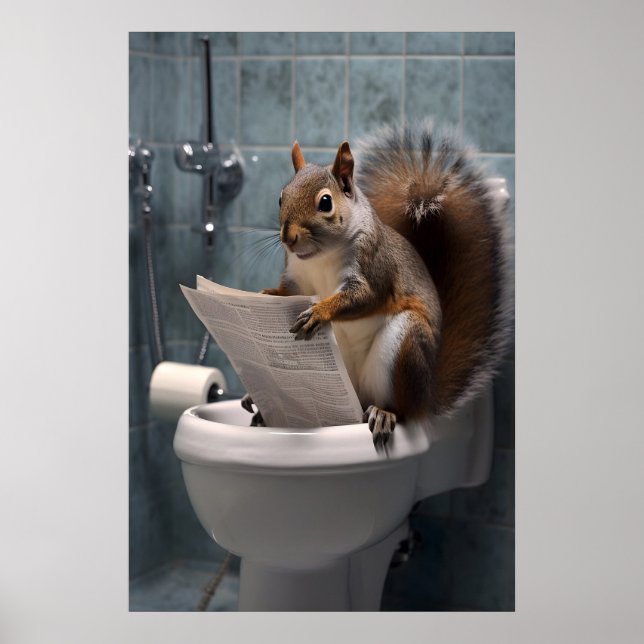 Affiche Funny Squirrel Bathroom Print, Toilet Newspaper (Devant)